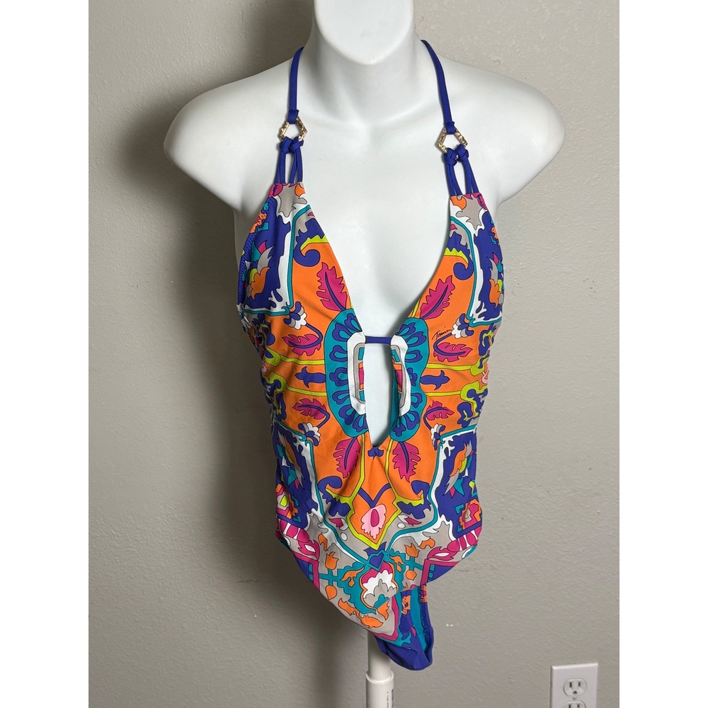 Trina Turk Plunge One Piece Swimsuit 6 Mediterranean *Missing small back tie - Picture 3 of 9